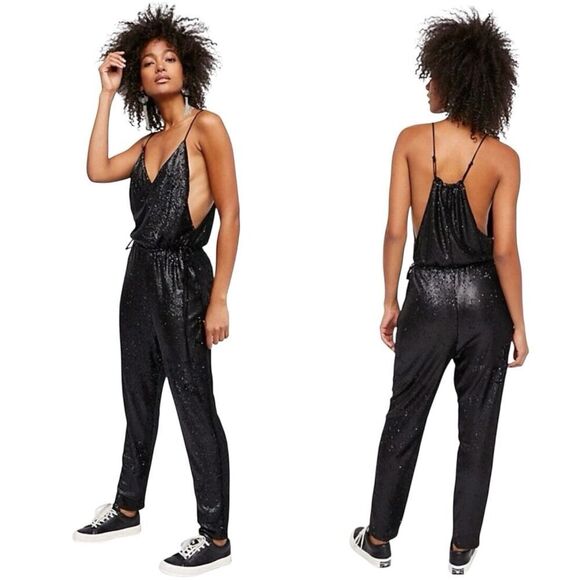 Free People Pants - Free People Black Sequin Jumpsuit Pantsuit Sz S Party Festival Evening Glam
